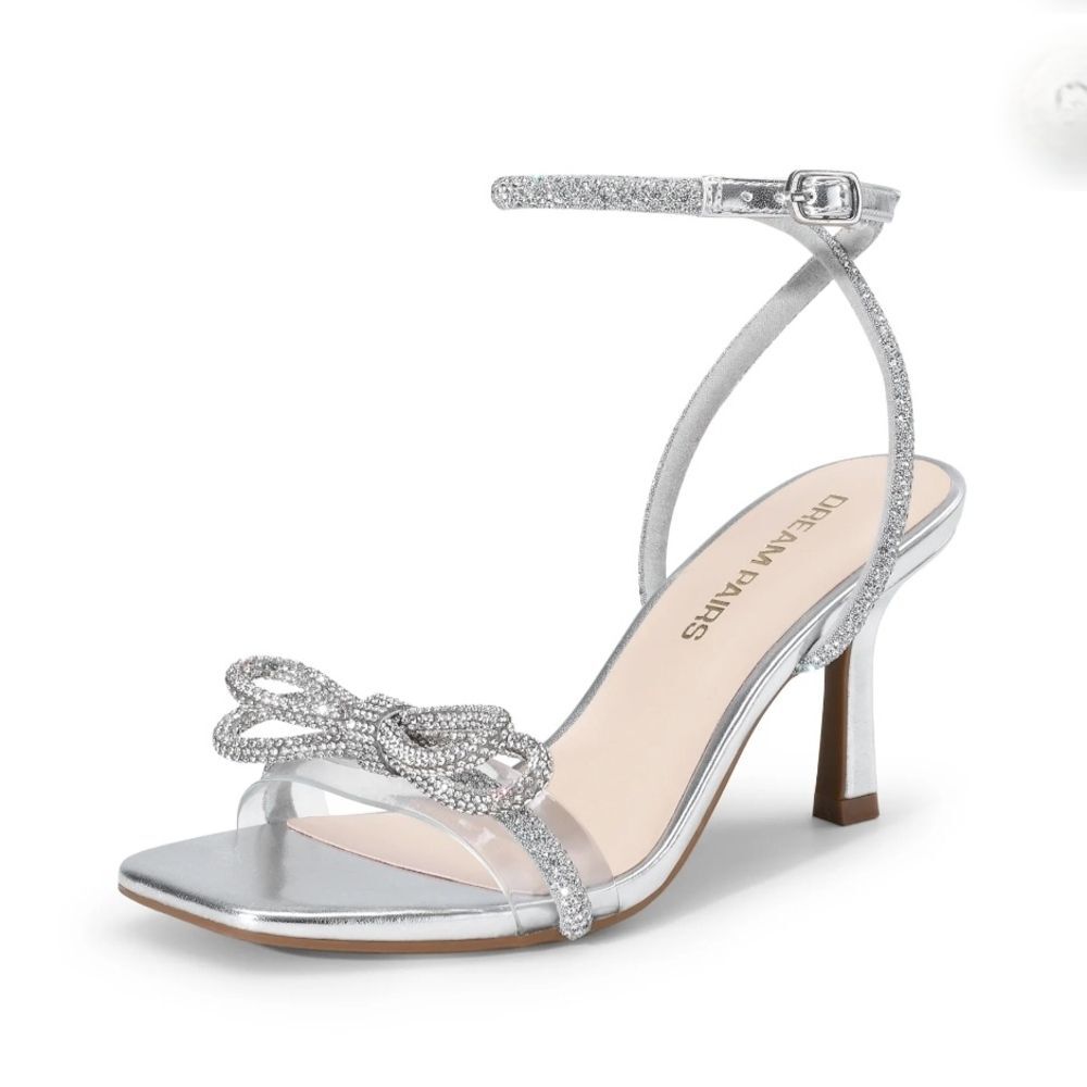DREAM PAIRS Silver Crystal Double Bow Ankle Wrap Heels - Size 6